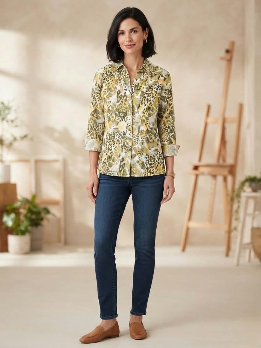 Alfred Dunner Olive & Yellow Abstract Animal Print Button-Down Shirt Size 10P